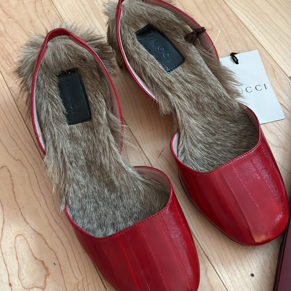 GUCCI EEL LEATHER Rabbit Hair Rhinestone Gold Heal Size 36 - Picture 4 of 4